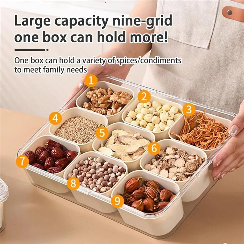 Food Snacks Candy - ถาดแบ่งช่อง 9 ช่องพร้อมฝาปิด กล่องใส่ขนมแบบพกพา ภาชนะใส่เครื่องปรุงรสในครัว สำหรับใส่ขนม