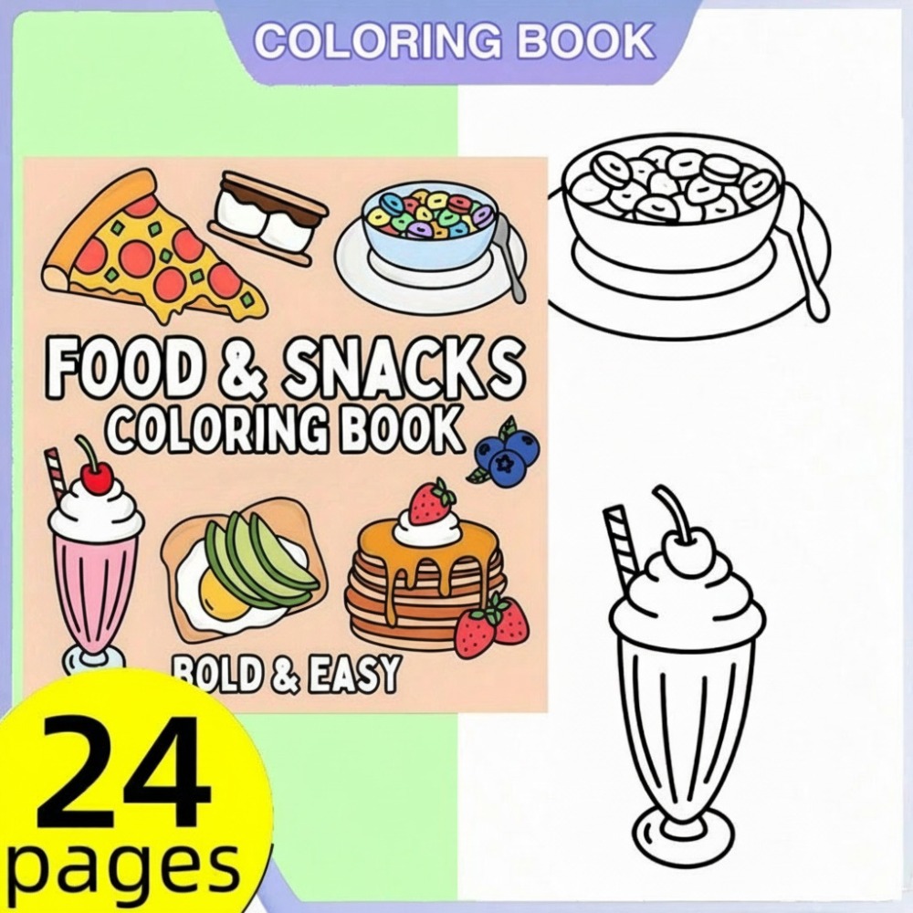 Food Snacks Coloring Book - สมุดระบายสีอาหารและขนม 24 หน้า ลายสวยน่ารัก สำหรับผู้ใหญ่ บรรเทาความเครียด